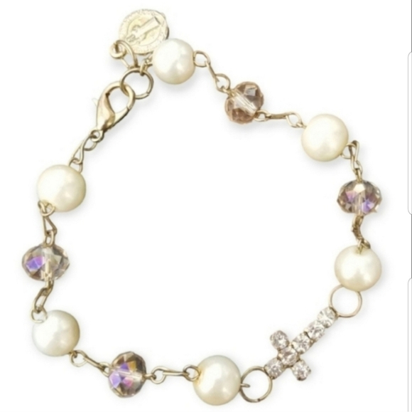 VINTAGE GOLDTONED & FAUX PEARL WITH AB CRYSTAL CROSS ROSARY BRACELET - Picture 3 of 3